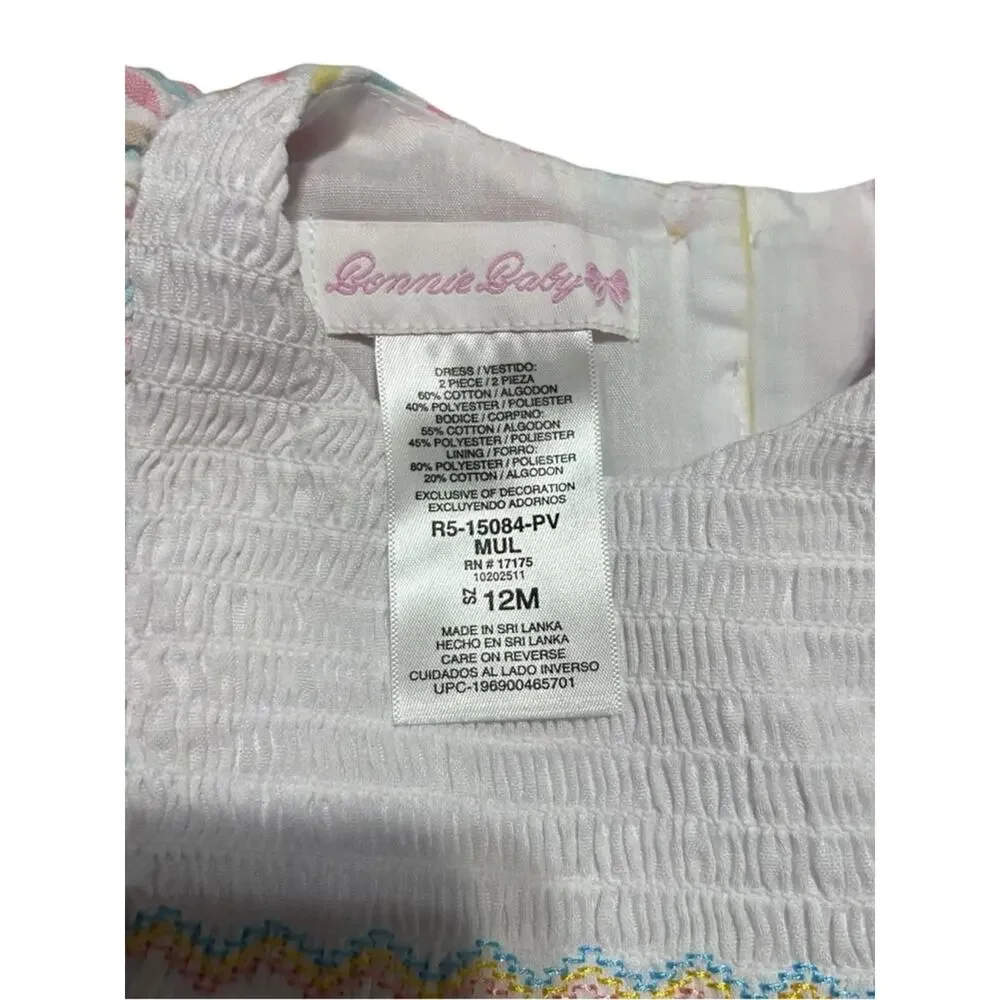 Bonnie Baby NWT Spring Birds Smocked Pastel Striped Dress 12 Months